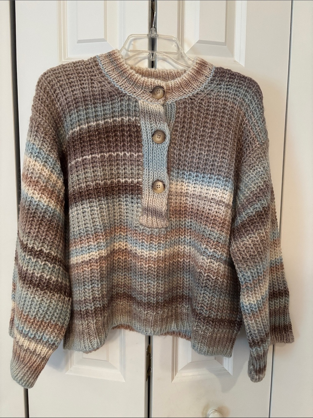 Something Navy Striped Knit Henley Sweater in Blue, Brown & Cream